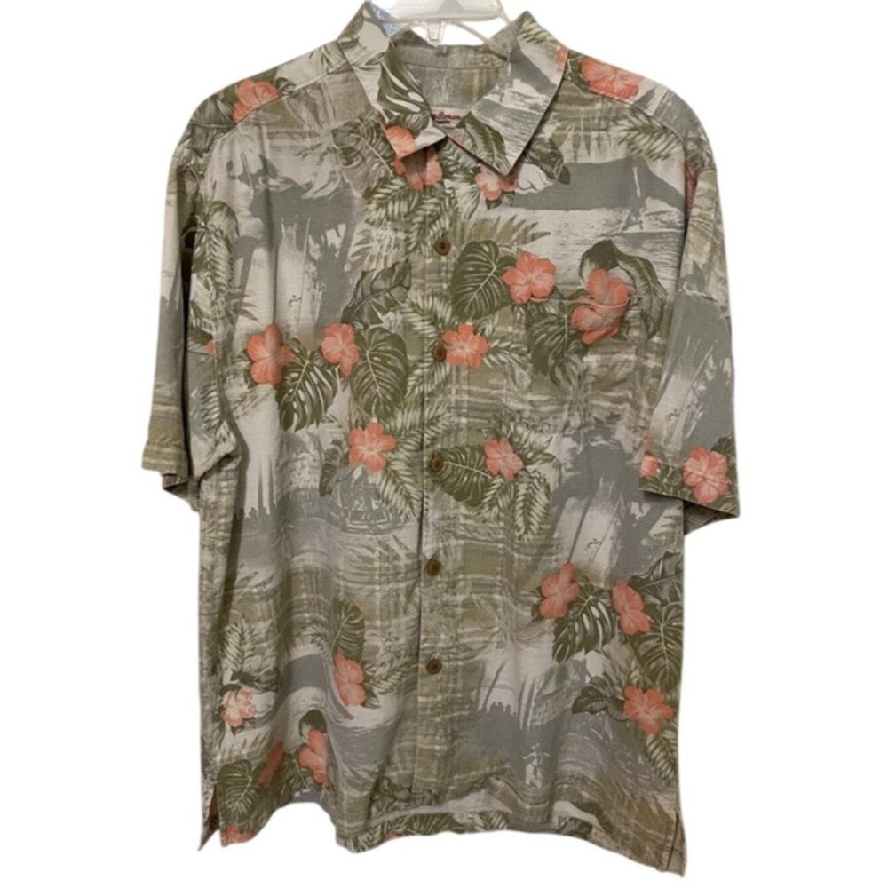 Tommy Bahama Large Original Fit Silk-Cotton Aloha Hawaiian Camp Shirt Sage Green